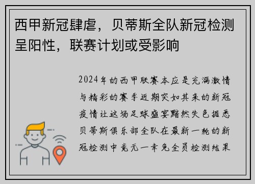 西甲新冠肆虐，贝蒂斯全队新冠检测呈阳性，联赛计划或受影响